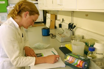 Researcher writing at a workstation in the molecular lab
