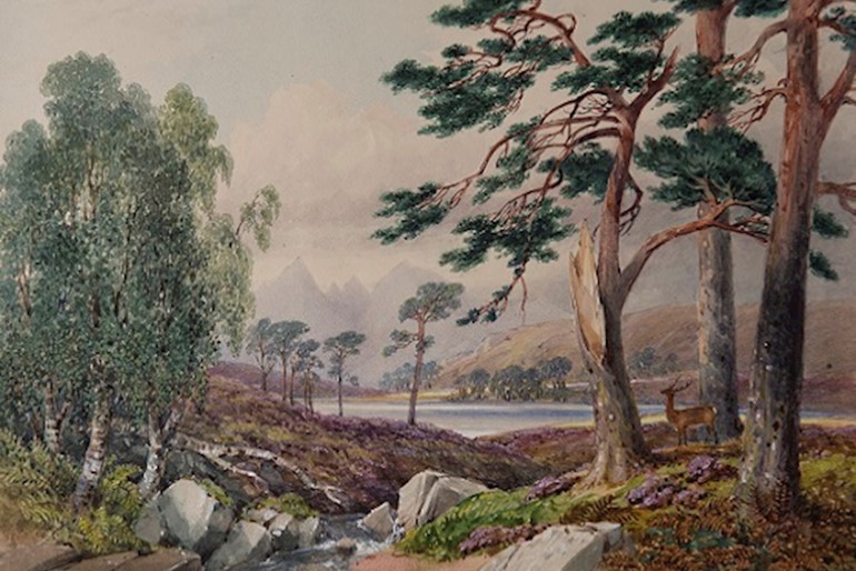 Painting of a landscape featuring a loch and trees by Robert Kaye Greville