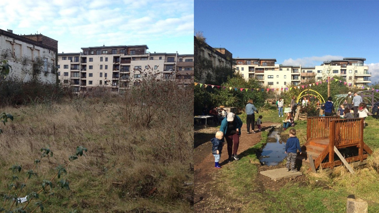 before and after photo showing an urban wasteland transformed into the scene of a garden party