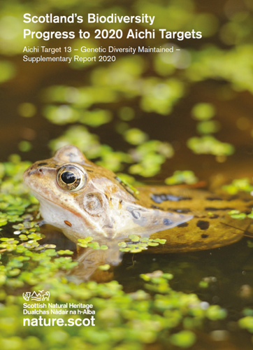 The cover of "Scotland's Biodiversity: Progress to 2020 Aichi Targets" - supplementary report, featuring a frog in a pond